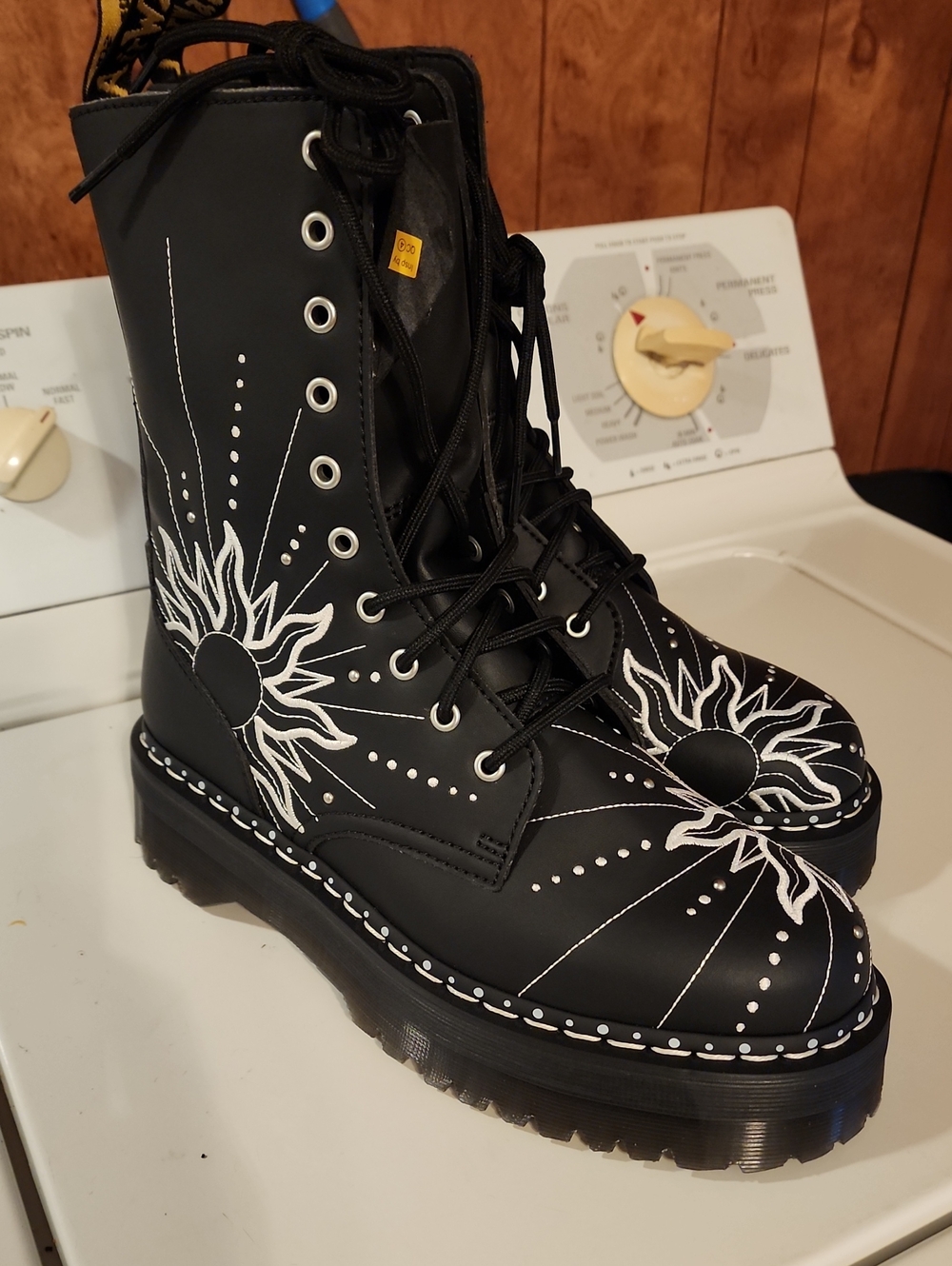 Dr. Martens Black Combat Boots with White Solar Flare Sun Embroidery